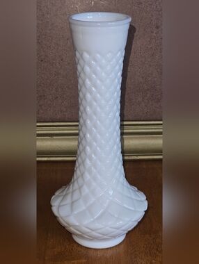 Vintage Randall White Milk Glass Bud Vase Diamond Embossed Bud Vase 9"